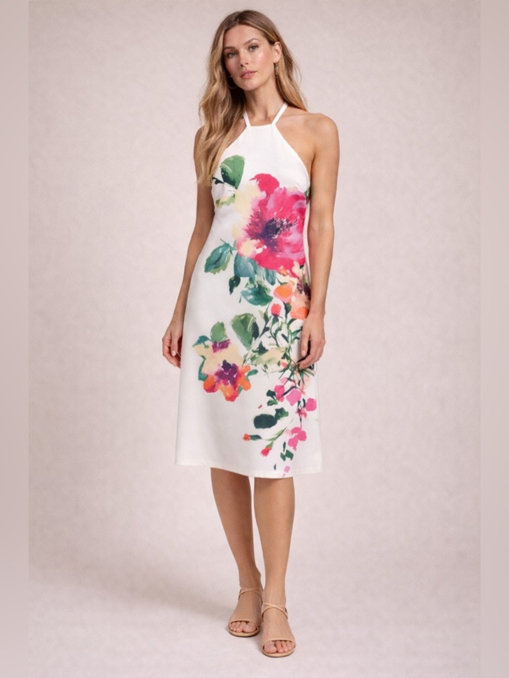 Bisou Bisou Floral Halter Maxi Dress Ivory Pink Statement Print